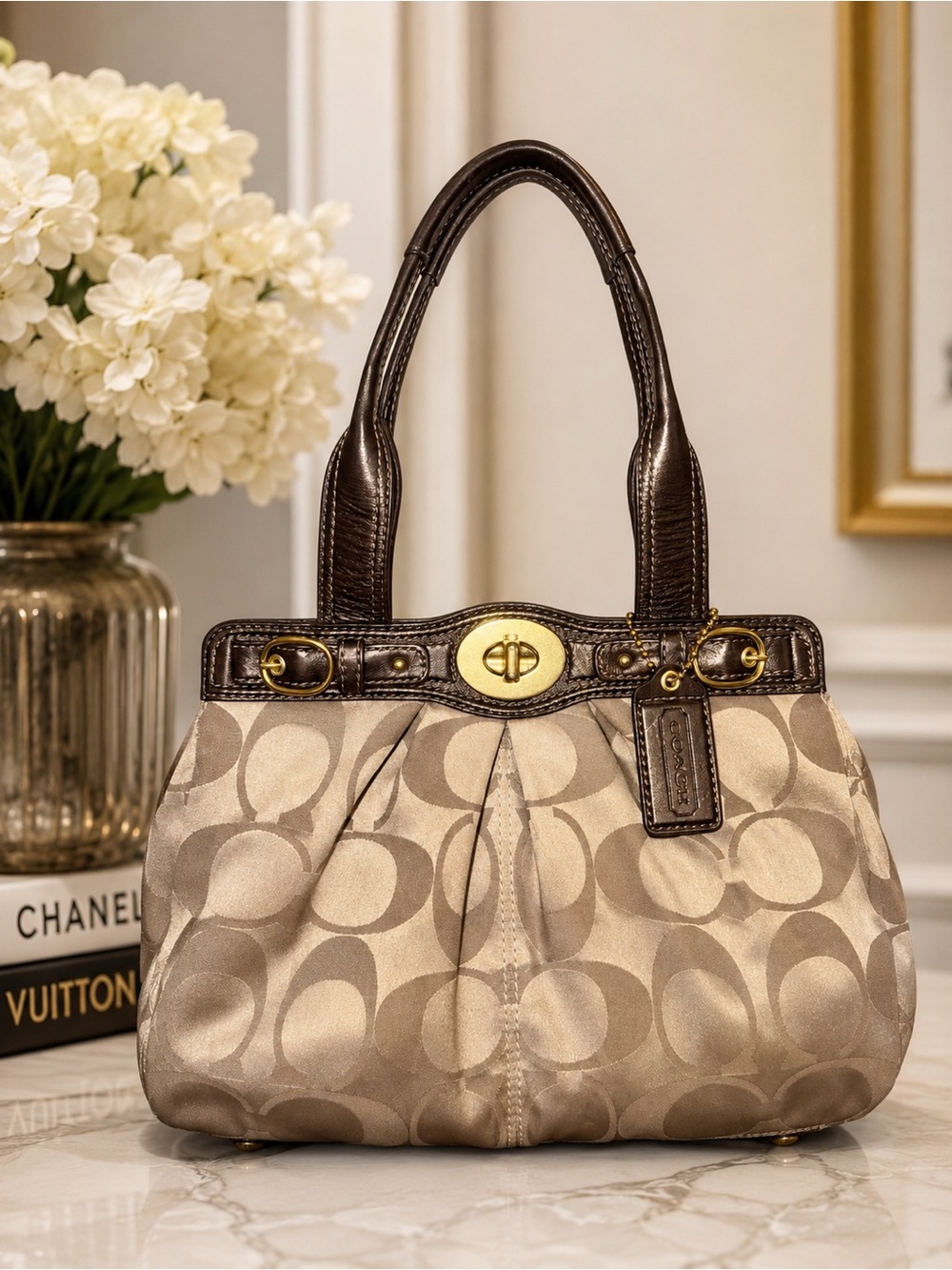 Coach Op Art Sateen Satchel Metallic Bronze Brown Turnlock Shoulder Bag Y2K 2006